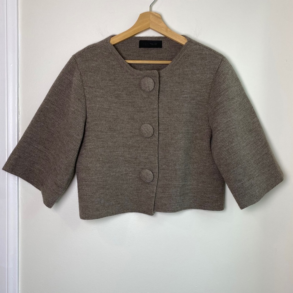 Zara Knit Cardigan Sweater Womens Large Brown Cropped Wide Sleeve Minimalist